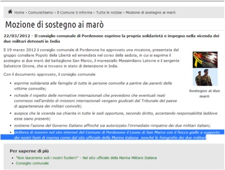 Il comune di Pordenone toglie dal sito solidarietà ai Marò